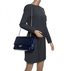 Pre Owned Chanel Blue Quilted Patent Leather Reissue 2.55 Classic 227 Flap Bag