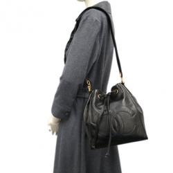 Pre Owned Chanel Black Lambskin Drawstring Hobo