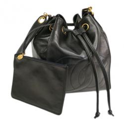 Pre Owned Chanel Black Lambskin Drawstring Hobo