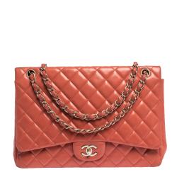 Pre Owned Chanel Red Quilted Leather Maxi Classic Single Flap Bag