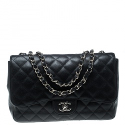 Pre Owned Chanel Black Quilted Caviar Leather Jumbo Classic Single Flap Bag