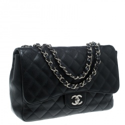 Pre Owned Chanel Black Quilted Caviar Leather Jumbo Classic Single Flap Bag
