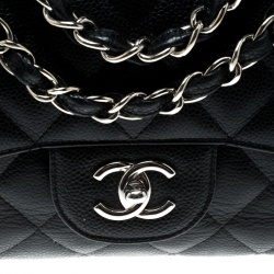Pre Owned Chanel Black Quilted Caviar Leather Jumbo Classic Single Flap Bag