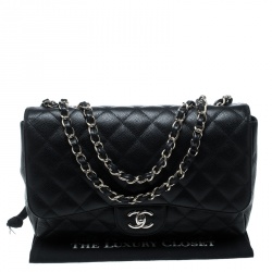 Pre Owned Chanel Black Quilted Caviar Leather Jumbo Classic Single Flap Bag