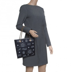 Pre Owned Chanel Navy Blue Canvas Vintage Printed Tote 