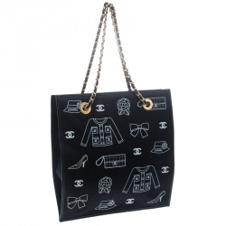 Pre Owned Chanel Navy Blue Canvas Vintage Printed Tote 