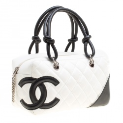 Pre Owned Chanel White/Black Quilted Leather Cambon Ligne Bowler Bag