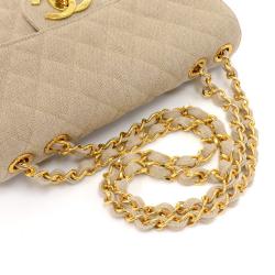 Pre Owned Chanel Beige Quilted Canvas Jumbo Vintage Flap Bag