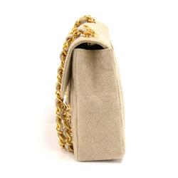Pre Owned Chanel Beige Quilted Canvas Jumbo Vintage Flap Bag