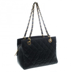 Pre Owned Chanel Black Quilted Caviar Leather Petite Timeless Shopper Tote