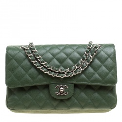 Chanel Green Quilted Caviar Leather Medium Classic Double Flap Bag