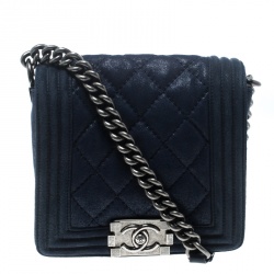 Pre Owned Chanel Blue Iridescent Suede Small Gentle Square Boy Bag