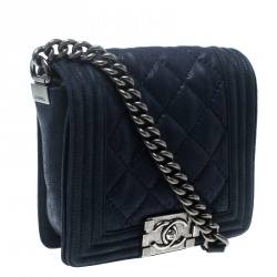 Pre Owned Chanel Blue Iridescent Suede Small Gentle Square Boy Bag