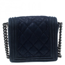 Pre Owned Chanel Blue Iridescent Suede Small Gentle Square Boy Bag
