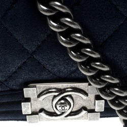 Pre Owned Chanel Blue Iridescent Suede Small Gentle Square Boy Bag