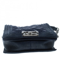 Pre Owned Chanel Blue Iridescent Suede Small Gentle Square Boy Bag