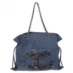 Pre Owned Chanel Denim Drawstring Discus Large Tote Bag
