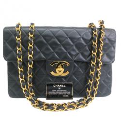 Pre Owned Chanel Black Calf Leather Jumbo Shoulder Flap Bag