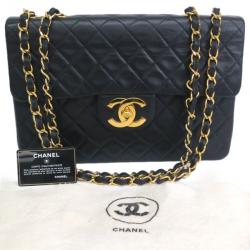 Pre Owned Chanel Black Calf Leather Jumbo Shoulder Flap Bag