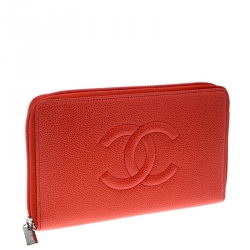 Chanel Red Leather Timeless CC Zip Around Wallet