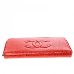 Chanel Red Leather Timeless CC Zip Around Wallet