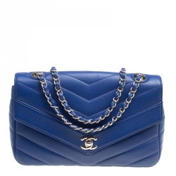 Chanel Blue Chevron Quilted Leather Medium Classic Flap Bag