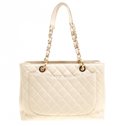Pre Owned Chanel Beige Quilted Caviar Leather Grand Shopper Tote Bag