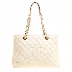 Pre Owned Chanel Beige Quilted Caviar Leather Grand Shopper Tote Bag