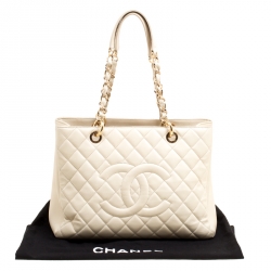 Pre Owned Chanel Beige Quilted Caviar Leather Grand Shopper Tote Bag