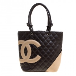 Pre Owned Chanel Dark Brown/Beige Quilted Leather Small Ligne Cambon Bucket Tote