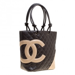 Pre Owned Chanel Dark Brown/Beige Quilted Leather Small Ligne Cambon Bucket Tote