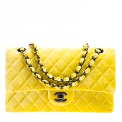 Chanel Yellow Quilted Velvet Medium Classic Double Flap Bag Chanel