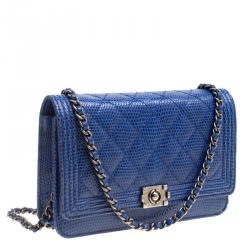 Chanel Blue Lizard Leather Boy Wallet On Chain 