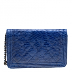 Chanel Blue Lizard Leather Boy Wallet On Chain 