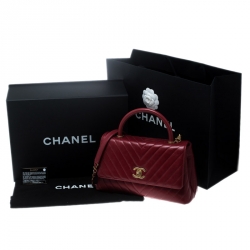 Pre Owned Chanel Red Chevron Quilted Leather Small Coco Top Handle Bag