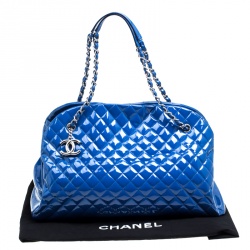 Pre Owned Chanel Blue Quilted Patent Leather Large Just Mademoiselle Bowling Bag