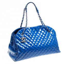 Pre Owned Chanel Blue Quilted Patent Leather Large Just Mademoiselle Bowling Bag