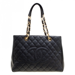 Pre Owned حقيبة يد شانيل غراند شوبينغ جلد كافيار مبطنة سوداء