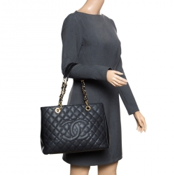 Pre Owned حقيبة يد شانيل غراند شوبينغ جلد كافيار مبطنة سوداء