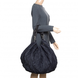 Pre Owned Chanel Dark Blue Quilted Denim Drawstring Bucket Bag