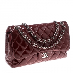 Chanel Maroon Quilted Patent Leather Jumbo Classic Double Flap Bag