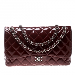 Chanel Maroon Quilted Patent Leather Jumbo Classic Double Flap Bag