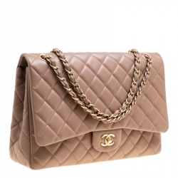 Pre Owned Chanel Taupe Quilted Leather Maxi Classic Single Flap Bag