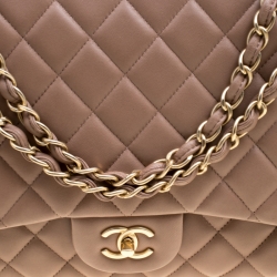 Pre Owned Chanel Taupe Quilted Leather Maxi Classic Single Flap Bag