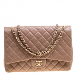 Pre Owned Chanel Taupe Quilted Leather Maxi Classic Single Flap Bag