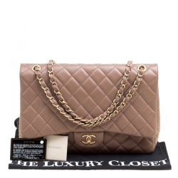 Pre Owned Chanel Taupe Quilted Leather Maxi Classic Single Flap Bag