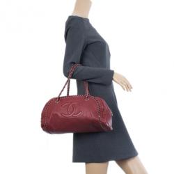 Pre Owned Chanel Maroon Leather Chain Trim Luxe Ligne Bowler Boston Duffle Bag