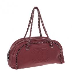 Pre Owned Chanel Maroon Leather Chain Trim Luxe Ligne Bowler Boston Duffle Bag