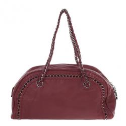 Pre Owned Chanel Maroon Leather Chain Trim Luxe Ligne Bowler Boston Duffle Bag