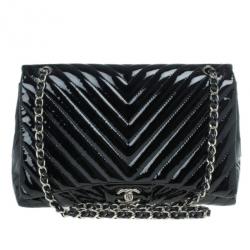 Pre Owned Chanel Black Patent Leather Quilted Jumbo Chevron Flap Bag